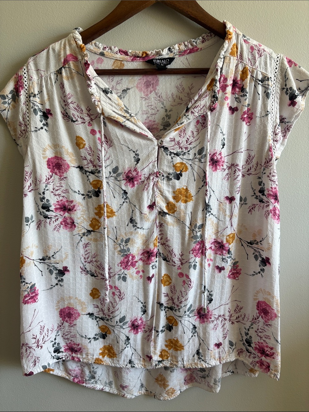 Buffalo‎ David Bitton Floral Boho Top Small Pink Mustard Flutter Sleeve